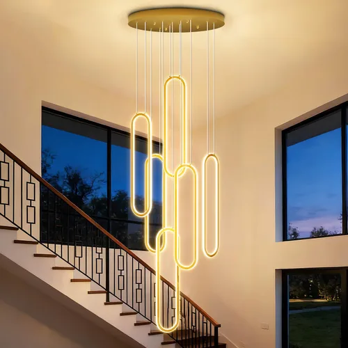 Miniatura 20 de Flashing God Candelabro moderno, candelabros cromados con 6 anillos LED, lámpara de techo alto más grande para sala de estar, lámpara rectangular