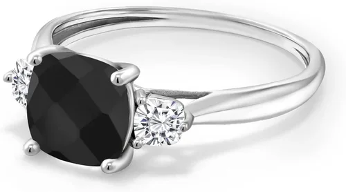 Miniatura 3 de Gem Stone King Anillo de compromiso de 3 piedras para mujer con cojín de oro blanco de 10 quilates, ónix negro y moissanita creada en blanco