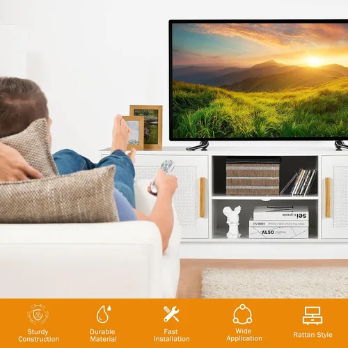 Miniatura 9 de Tangkula Soporte de TV de ratán para televisores de hasta 65 pulgadas, centro de entretenimiento, estante ajustable de 3 niveles, 2 gabinetes