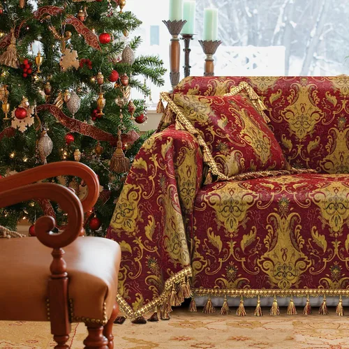 Miniatura 14 de Loom and Mill Fundas de sofá de lujo de tela jacquard, fundas para sofá, protector de muebles con borde de encaje y borlas hechas a mano
