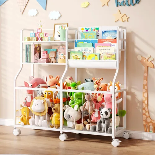 BBLIKE Organizador de almacenamiento de animales de peluche, estantería rodante para niños y almacenamiento de juguetes con exhibición de libros de