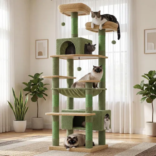 Miniatura 3 de PAWZ Road Árbol grande para gatos de 72 pulgadas y torre para gatos de interior, con postes rascadores cubiertos de sisal, perchas acolchadas, Verde