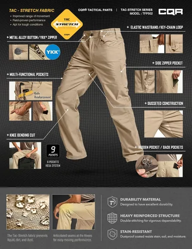 Miniatura 44 de CQR – Pantalones tácticos elásticos tipo cargo para hombre, resistentes al agua, de tela ripstop (antidesgarros), ligeros, ideales para uso diario