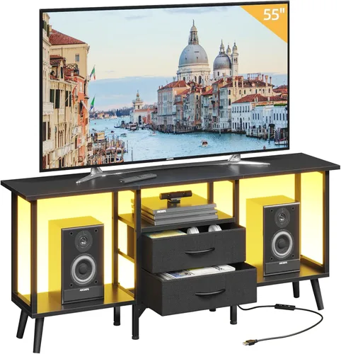 GYIIYUO Soporte de TV pequeño con cajones de tela/luz LED para TV de 55 pulgadas, centro de entretenimiento con estantes abiertos de almacenamiento,