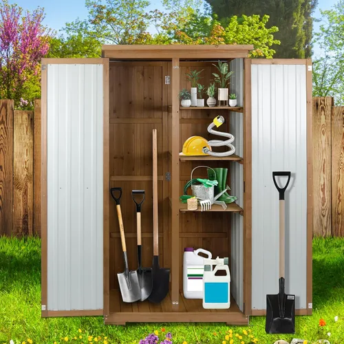Miniatura 9 de Ketive Gabinete de almacenamiento para exteriores, armario alto de jardín para herramientas con techo resistente a la intemperie, puertas con doble