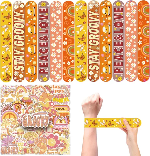 CZWXOXO 74 recuerdos de fiesta temáticos geniales que contienen 24 pulseras hippie, 50 calcomanías temáticas bohemias, recuerdos de fiesta boho