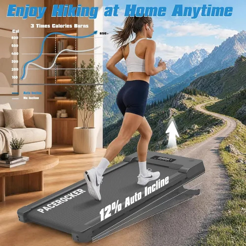 Miniatura 2 de PACEROCKER Walking Pad Treadmill with 12% 9-Level Auto Incline, 450 lbs Capacity Bluetooth Speaker Under Desk Treadmills for Home Hiking, 5 MPH