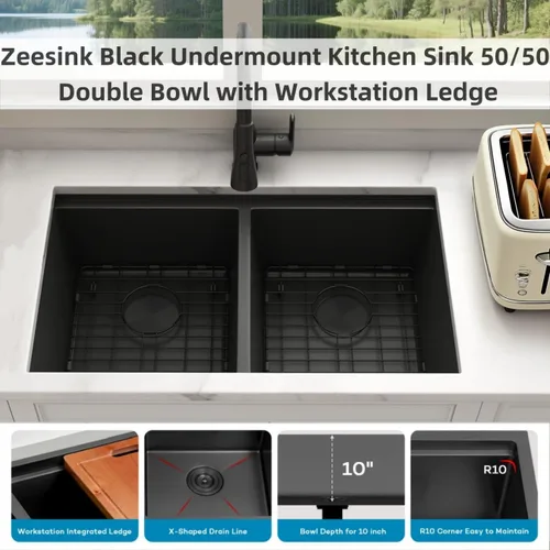 Miniatura 8 de Fregadero de Cocina de Doble Tazón 30" X 18", Fregadero de Cocina Negro de Montaje Inferior, Fregaderos Dobles de Montaje Inferior de Acero Acero