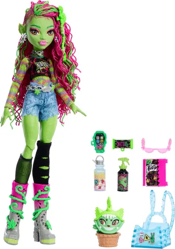 Miniatura 5 de Muñeca Monster High Venus McFlytrap, monstruo planta con mascota gato Chewlian y accesorios como mochila, cuaderno, bocadillos y más