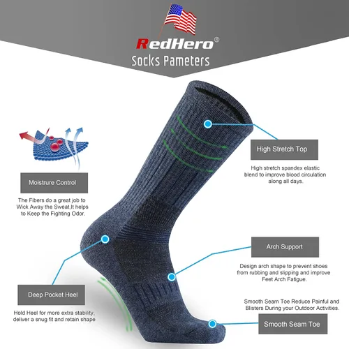 Miniatura 4 de Calcetines acolchados de lana merina para hombre, para senderismo, senderismo, senderismo, suaves, acogedores, ajuste térmico, control de humedad