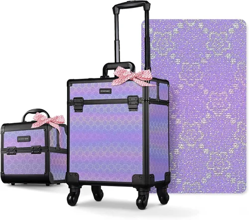 Miniatura 12 de BYOOTIQUE estuche rodante para maquillaje 4 en 1, con cerradura, maletín tipo trolley para cosméticos, con 4 ruedas extraíbles, organizador de viaje