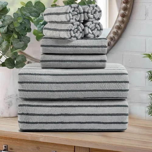 Miniatura 37 de Juego de 8 toallas de baño grandes a rayas estilo cabana color verde militar - Sábana de baño extragrande - 2 toallas de baño, 2 toallas de mano, 4