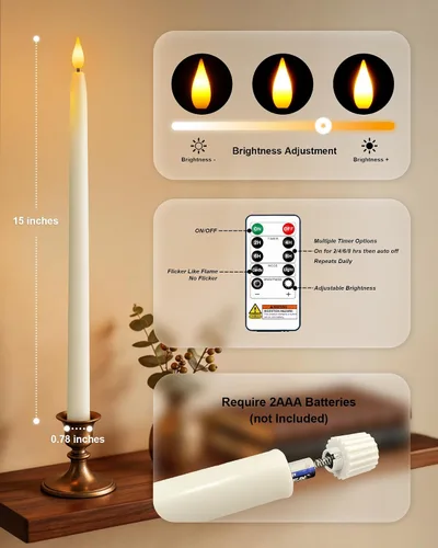 Miniatura 9 de Homemory Velas cónicas sin llama de cera real de 15 pulgadas con temporizador remoto, 2 velas LED blancas que funcionan con pilas con llama