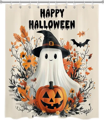 Miniatura 2 de HVEST Cortina de ducha con ganchos, calabaza espeluznante y fantasma con sombrero de bruja negro, juego de cortina de ducha naranja con flores