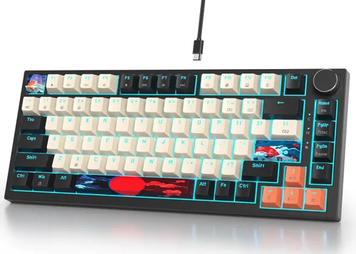 Miniatura 11 de Fogruaden Teclado para juegos con cable, 75 por ciento, intercambiable en caliente, teclado mecánico cremoso de montaje en junta con perilla