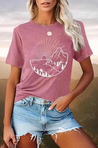 Miniatura 2 de Camiseta de senderismo para mujer, camiseta de montaña con estampado gráfico de naturaleza y amanecer, camiseta de verano de manga corta