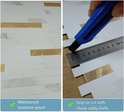 Miniatura 2 de XUANINY Protector contra salpicaduras para cocina y baño, azulejos autoadhesivos de PVC de grano de piedra, adhesivo de pared 3D de metro (10 hojas)