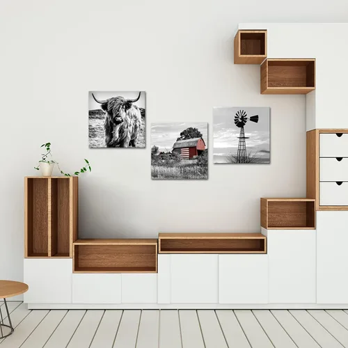 Miniatura 3 de Juego de 3 impresiones artísticas en lienzo en blanco y negro para pared, diseño de granero, bandera estadounidense, vacas y molinos de viento