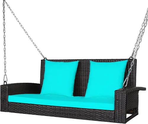Miniatura 8 de DORTALA Columpio colgante para porche, banco de mimbre para 2 personas con cojines, cadenas de acero de 7.9 pies para jardín, patio, terraza y Negro