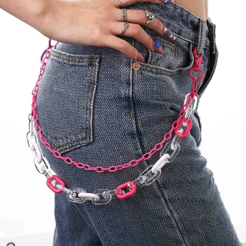 Miniatura 4 de Bomine Lindos pantalones de mezclilla con cadena llavero en capas colgantes de color rosa con diseño de corazón con bolsillo cadena hiphop roca