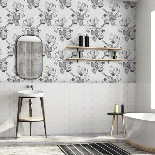 Miniatura 2 de VaryStyle Papel tapiz floral de tinta de 17.7 x 118 pulgadas, papel tapiz floral gris y blanco, papel de contacto vintage neutro para pared, papel