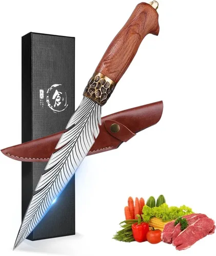 Miniatura 10 de Dream Reach Cuchillo de deshuesar vikingo de plumas, cuchillo vikingo profesional de 6 pulgadas, cuchillo de carne de espiga completa con caja