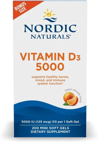 Nordic Naturals Vitamina D3 5000, Naranja - 200 mini geles blandos - Apoyo para huesos saludables, estado de ánimo y sistema inmunológico -