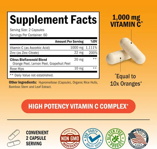Miniatura 3 de Vitamina C - cápsulas de 1000 mg con zinc, escaramujo y bioflavonoides - Suplemento de apoyo inmune con 10 veces el poder de la vitamina C - Acorta