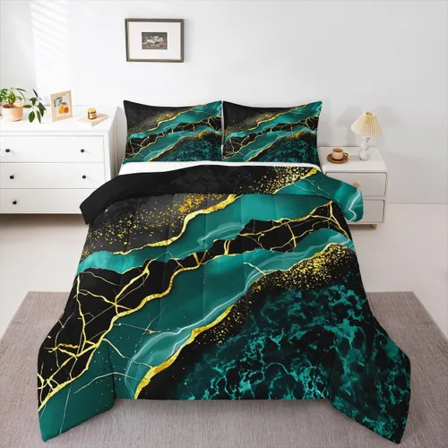 Miniatura 33 de Juego de edredón de mármol negro individual, ropa de cama dorada agrietada para adultos, hombres y mujeres, juegos de edredón de textura metálica