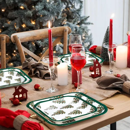 Miniatura 6 de Layhit Juego de 80 platos de papel de Navidad a granel de 7 x 9 pulgadas, juego de platos cuadrados desechables de Navidad verde, árbol de Navidad