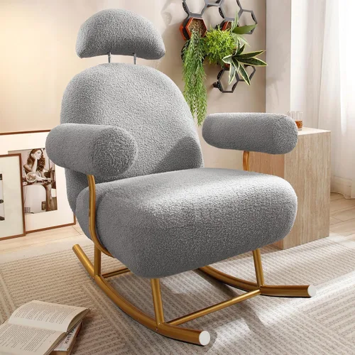 Miniatura 12 de KEVINSPACE Mecedora moderna, moderna silla ligera tapizada para cuarto de bebé, silla mecedora para guardería, cómoda silla de acento cargada
