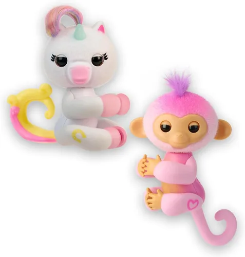Fingerlings Mono interactivo y unicornio - Paquete de 2 - Lulu & Harmony - Más de 70 sonidos y reacciones, se ilumina el corazón, reacciona al tacto