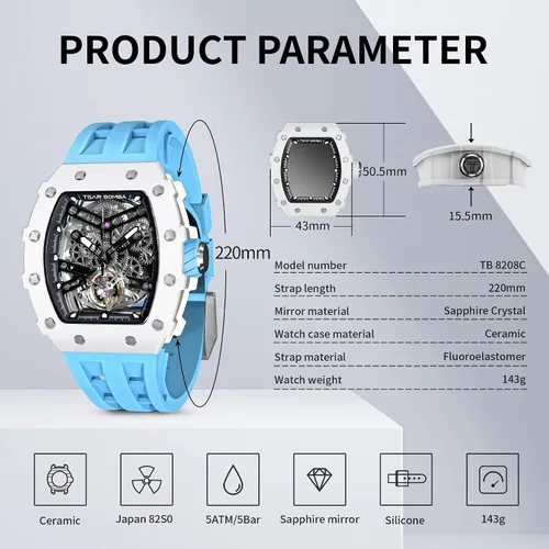 Miniatura 5 de Watch for Men, Automatic Skeleton Mechanical Mens Watch, 50M Waterproof Luxury Tonneau Square Big Face Dial Watch with SiliconeFluoroelastomer Watch