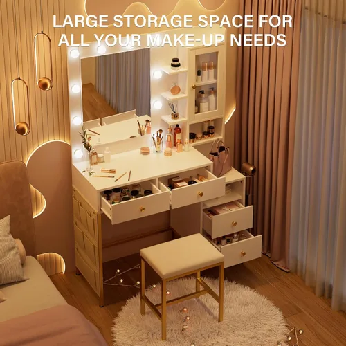 Miniatura 5 de YIKEHOME Makeup Vanity Desk with Mirror, LED Lights and Power Outlet Vanity Table Set with Large Drawers and and Charging Station for Bedroom