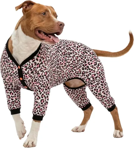 Miniatura 14 de LovinPet Mameluco para perros de razas grandes, pijama para perro, tela elástica ligera, camisa de manga larga para perro, estampado Paw-Some gris