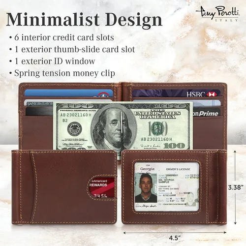 Miniatura 2 de Tony Perotti Cartera delgada de cuero italiano con clip para dinero para hombre cartera RFID ultrafina con ranuras para tarjetas de crédito