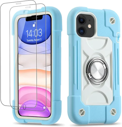 Miniatura 50 de Funda para iPhone 11 de 6.1 pulgadas con soporte de anillo, con 2 protectores de pantalla de vidrio, resistente a los golpes, resistente a