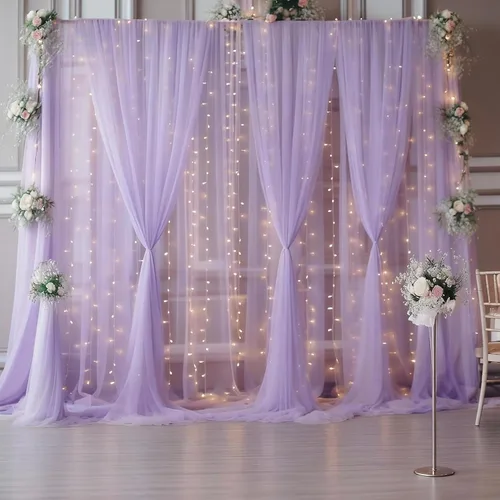 Miniatura 25 de Cortina de telón de fondo de tul negro de 10 x 10 pies con cadena de luces para fiestas, cortinas de fondo de fotos transparentes para bodas