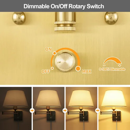 Miniatura 2 de TRLIFE - Apliques de pared regulables enchufables, juego de 2 apliques de pared de latón cepillado con brazo oscilante con cable de enchufe y Dorado