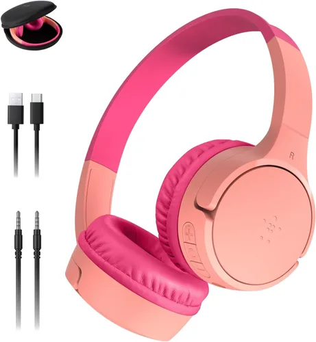 Belkin SoundForm Mini con estuche - Auriculares inalámbricos Bluetooth para niños con vida útil de batería de 30H, límite de volumen seguro de 85dB,