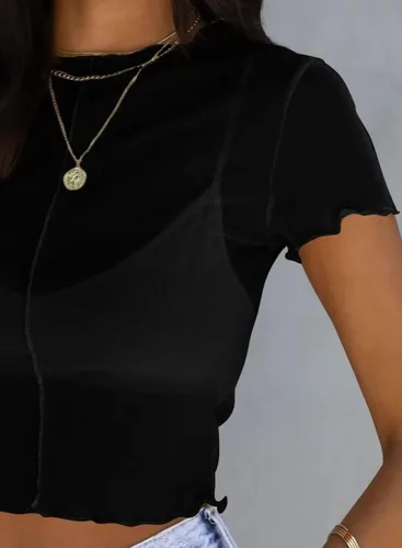 Miniatura 4 de Allytok Camisetas cortas de malla para mujer, de verano, manga corta, cuello redondo, transparente, Y2K