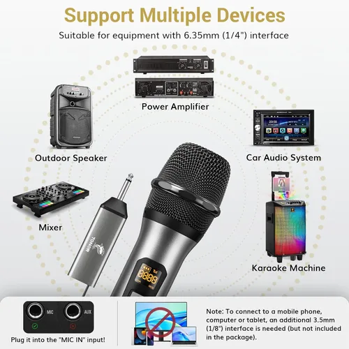 Miniatura 5 de Micrófono inalámbrico TONOR, sistema de micrófono de mano inalámbrico de metal UHF con receptor recargable, para karaoke, canto, fiesta, boda, DJ