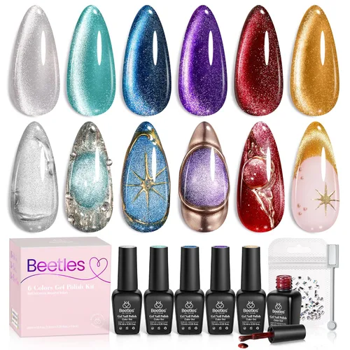 Miniatura 21 de Beetles - Juego de esmaltes de gel azul, esmalte de uñas de gel plateado azul marino oscuro con purpurina, 6 colores, lámpara UV para remojar uñas