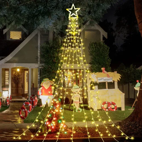 Miniatura 14 de Luces de Cadena de Estrella de Navidad, 320 Luces LED de Cascada para Árbol con Estrella Superior de 13", 8 Modos de Iluminación para Interiores
