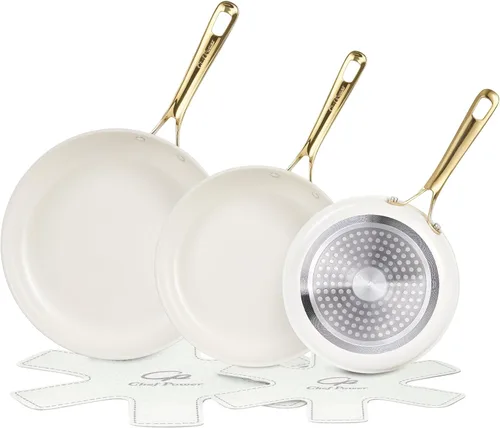 Chef Power Sartén de cerámica con mango de acero inoxidable, juego de 5 sartenes antiadherentes, aptas para lavavajillas y horno, color blanco crema