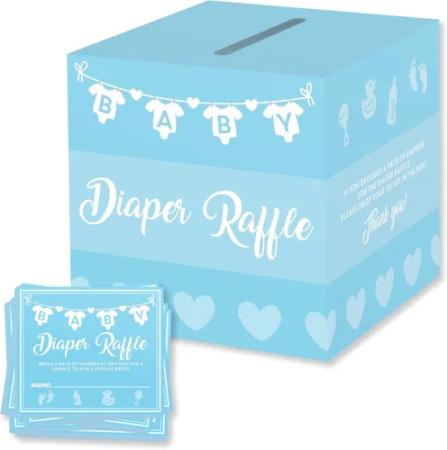 Party Hearty - Boletos y caja para rifas de pañales, juego de baby shower, color azul | 50 boletos de rifa, caja de tarjetas de boletos para rifas