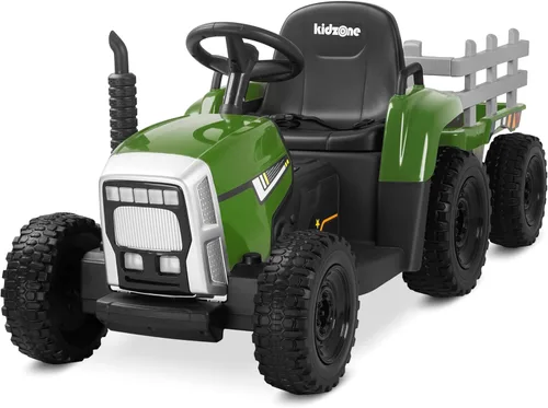Miniatura 8 de Kidzone - Versión premium de 12 V 7 AH con neumáticos de goma EVA con motores duales de 35 W, tractor eléctrico alimentado con remolque, juguete