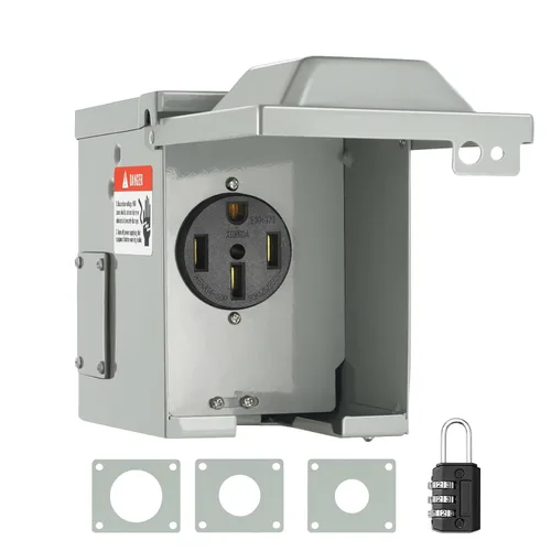 VEVOR Caja de toma de corriente RV de 50 amperios, 125/250 voltios, caja de receptáculo cerrada para exteriores con cerradura, NEMA 14-50R, panel