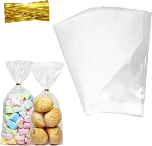 QOIUSO 100 bolsas de celofán: bolsas de celofán transparentes de 5 x 11 pulgadas para dulces, aperitivos, galletas, postres, panadería, envoltura de