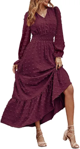 MASCOMODA Vestido largo para mujer, manga larga, cuello en V, lunares suizos, bohemio, fruncido, cintura alta, acampanado, con escalonados, vestidos